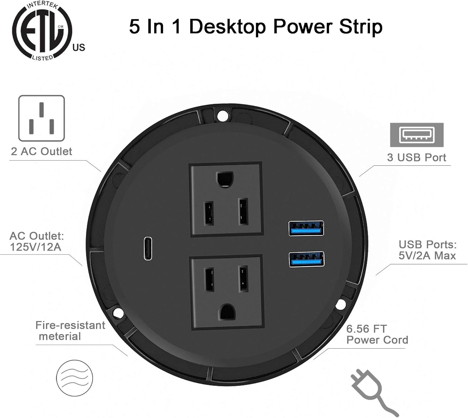Kungfuking Desktop Power Grommet with PD 20W USB C,Recessed Power Outlets with 2 AC Plugs and 3 USB Charging Ports,Hidden Power Strip for Office Kitchen Cabinet Conference Room