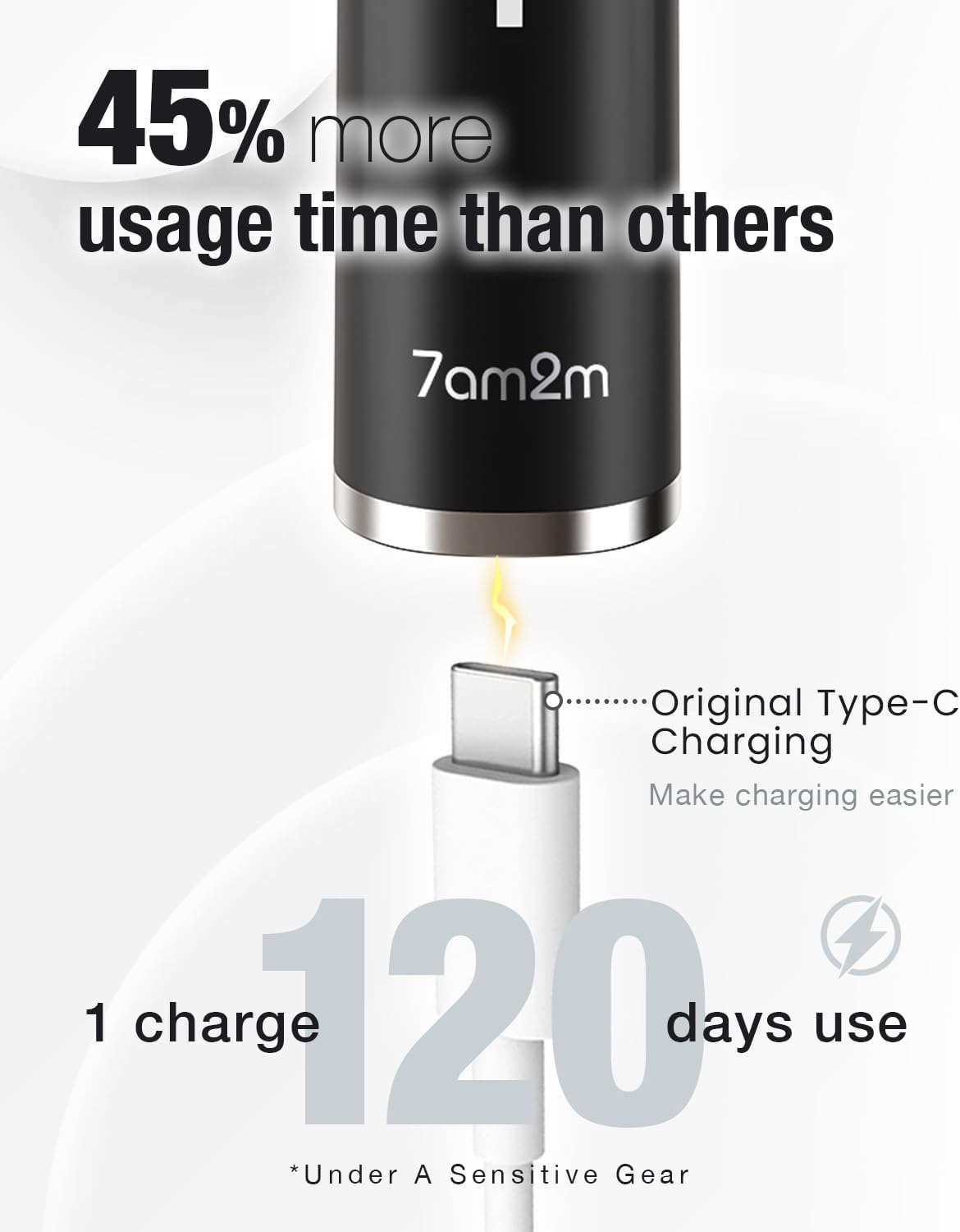7AM2M Travel Electric Toothbrush for Adults&Kids, Type-C Charging Run for 120 Days, with 6 Brush Heads, 5 Modes&40000VPM Powered Rechargeable Toothbrush, Travel & Home Use (Black)