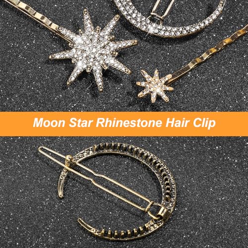 DOPENSPI 6 Pcs Vintage Celestial Hair Clips, Moon Star Hair Clips Crystal Decorative Bobby Pins Rhinestone Accessories for Women(Gold)