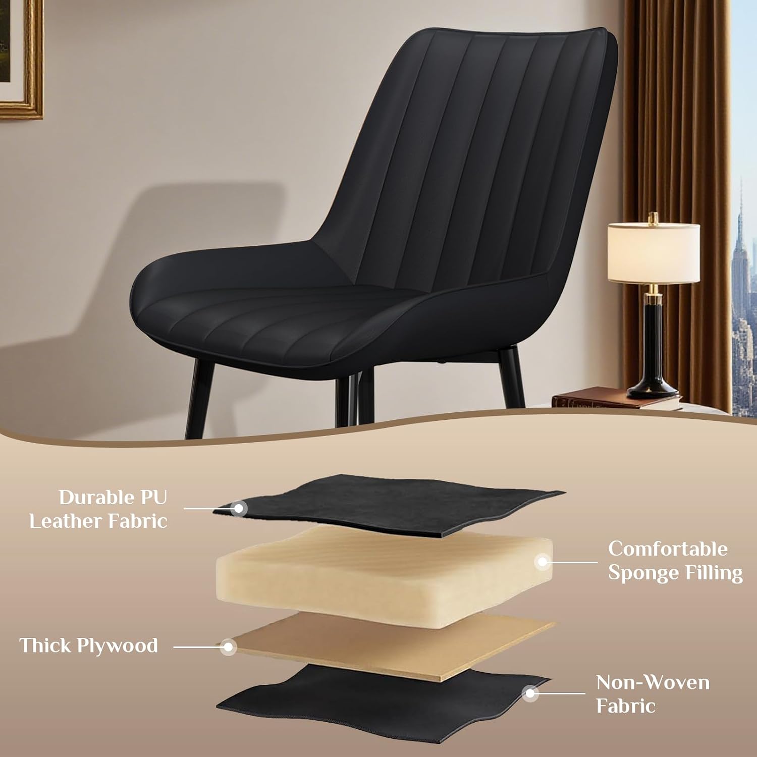 TLSUNNY Dining Chairs Set of 2/4, Modern High Back PU Leather Upholstered Dining Room Chairs with Thick Cushions, Wide Padded Seat, Metal Legs for Kitchen, Living Room, Black (4)
