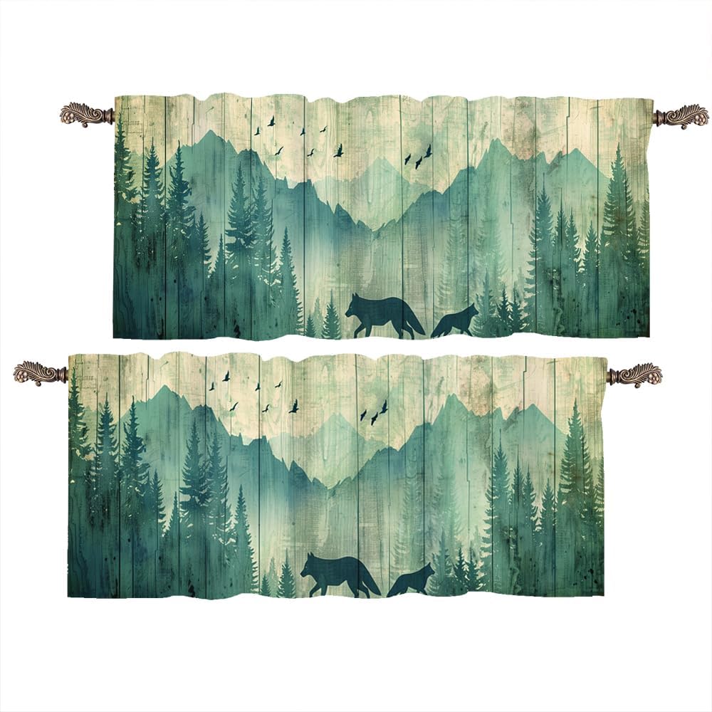 2 Panels Vintage Forest Animal Window Valances, Woodland Wolf Silhouette Window Treatment Decor Curtains Rod Pocket Valances for Kitchen/Living Room, 54" X 18"
