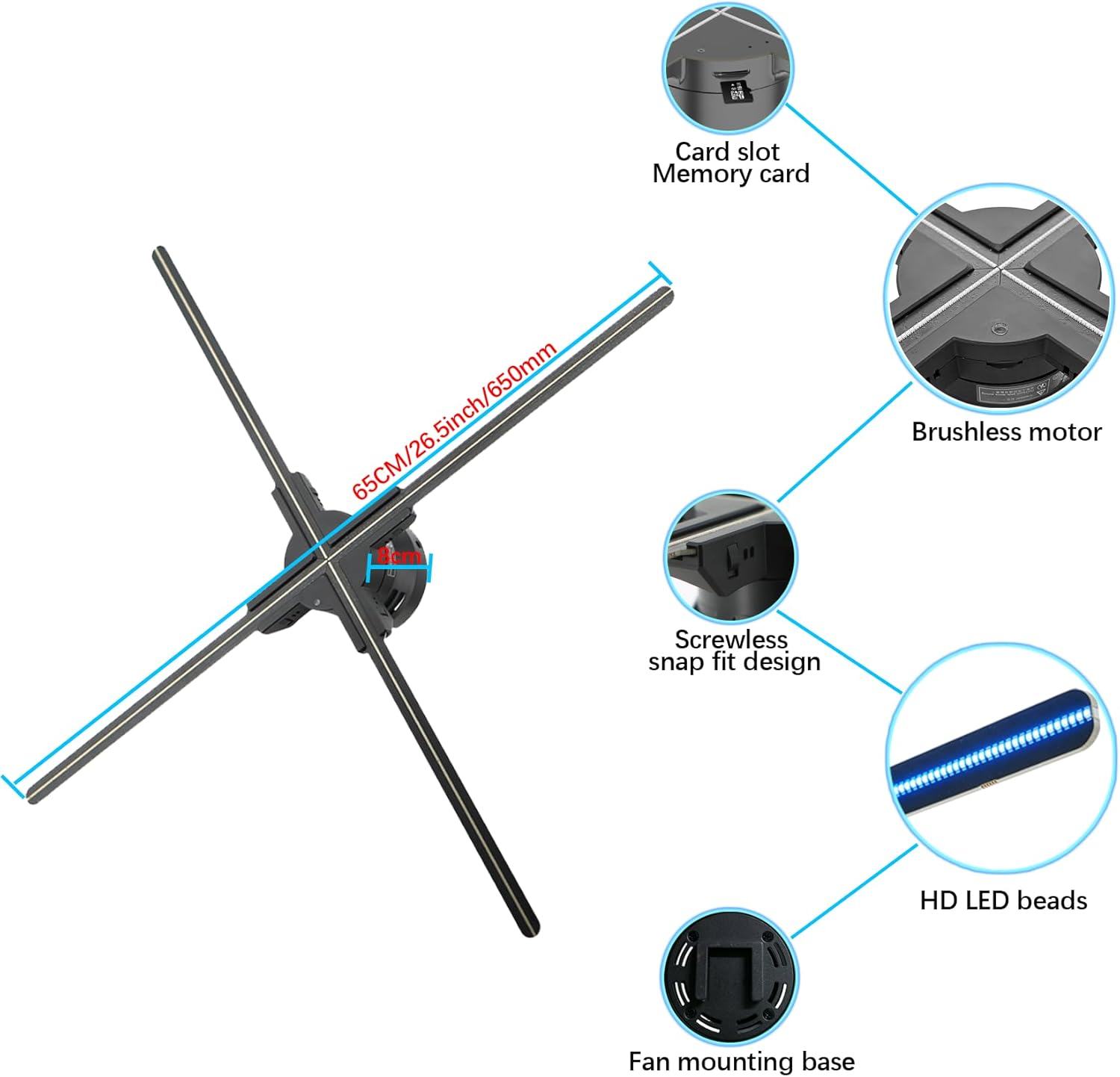 3Dhologramfan 65cm (25.6In), Commercial HD LED Holographic Display Fan with App & Remote Control, Bluetooth Audio, Splicing Support With 1500 Videos For Events, Trade Store Advertising, exhibition