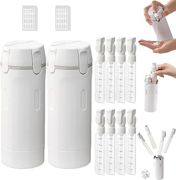 4-in-1 Travel Dispenser Bottle,4-in-1 Refillable Travel Dispenser Bottles for Toiletries,Portable Leak Proof Pump Toiletry Containers with Scale and Label,for Shampoo Lotion Conditioner Cream 2PCS-B