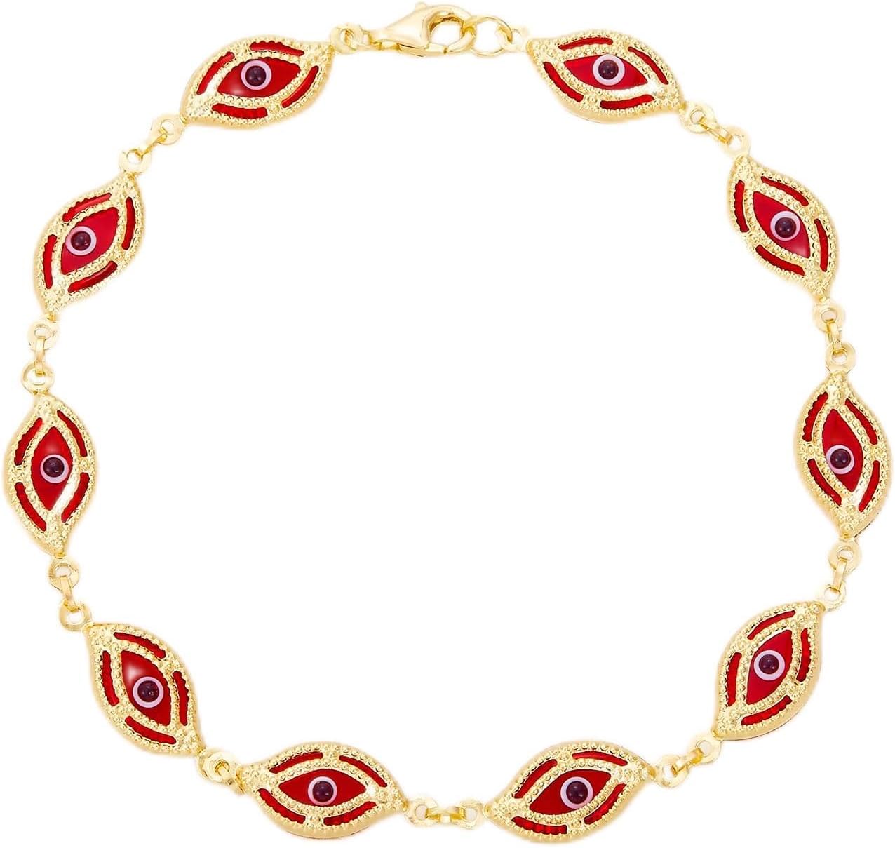 14k REAL Yellow Gold Blue/Red/Multi Color Evil Eye Bracelet - 7.5"
