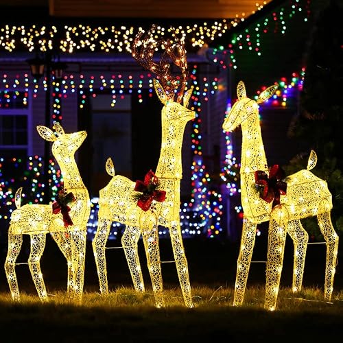 3-Pcs Christmas Lighted Reindeer Family Christmas Decorations Deer For Outdoor Yard Christmas Glowing Decoration With 230 Led Lights, Battery Box, Plug, Ground Stakes #TOP3