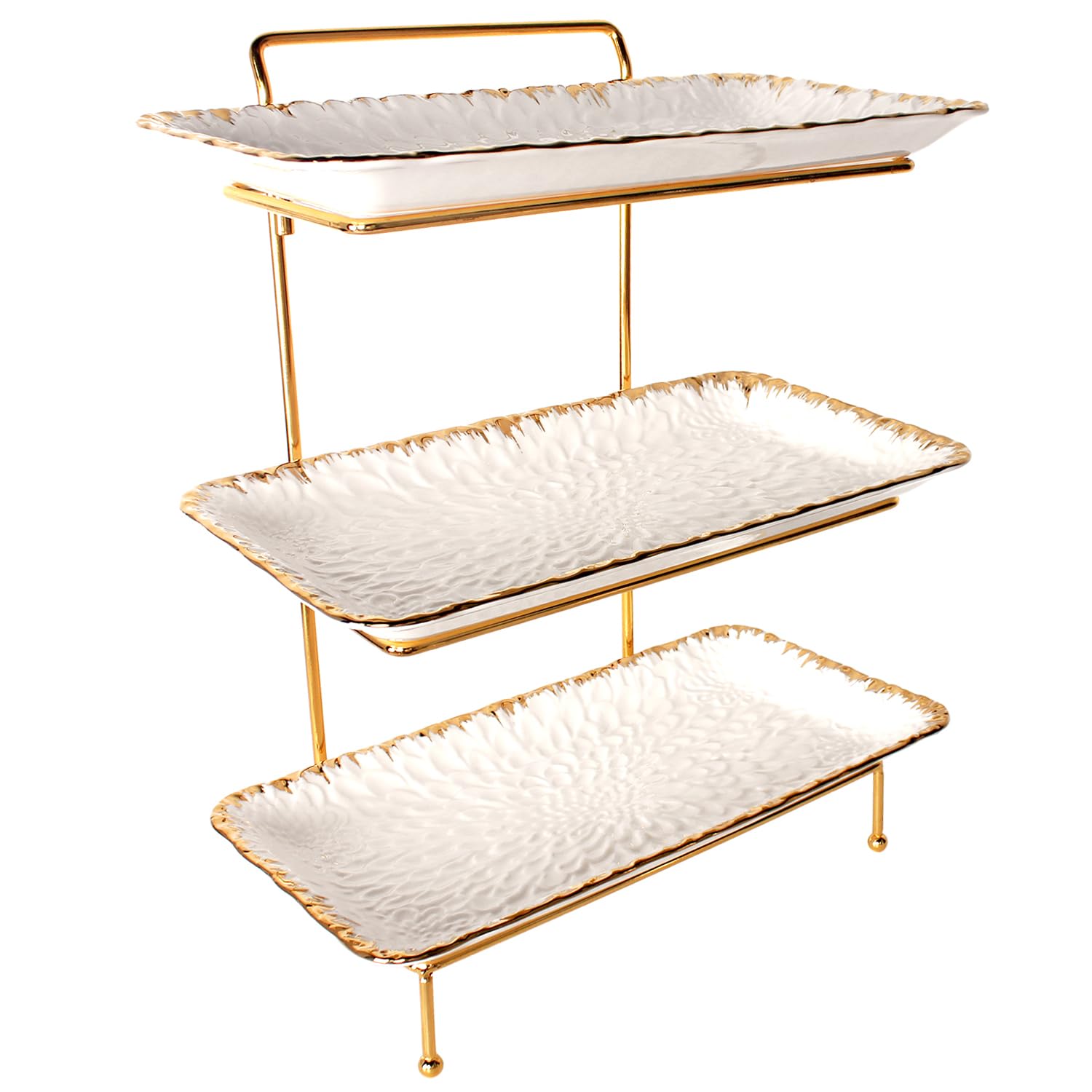 jinsongdafa 3-Tiered Serving Rack with Ceramic Tray, Foldable Gold Stand with 3-PCS 14 Inch Gold Rim Plates, for Food Display, Fruit, Dessert?Decoration for Parties Entertaining