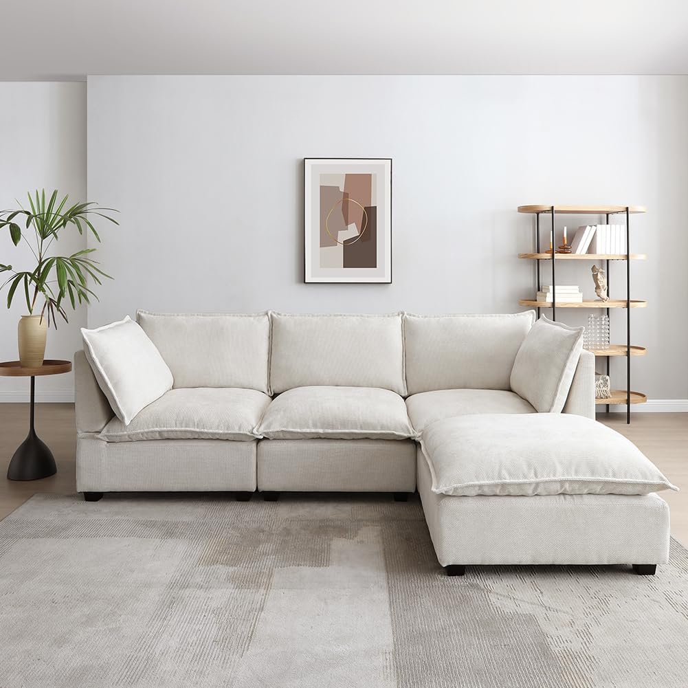 99.3" Modern L-Shape Sectional Sofa - 3 Seater Cloud Couch with Ottoman, Comfy Feather Sofa with 2 Pillows in Beige