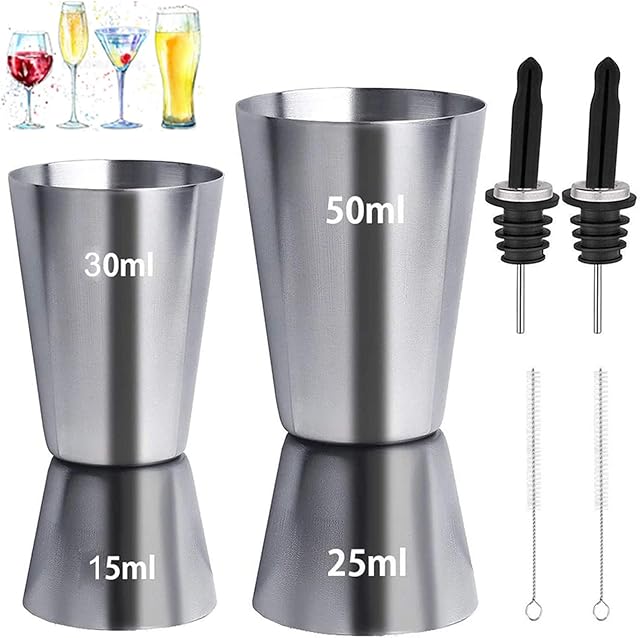 1 Set Spirit Measures 25 50 ml & 15 30 ml, 2pcs Stainless Steel Cocktail Jigger Alcohol Drink Shot Measure Cups 2Pcs Spirits Pourers and 2Pcs Cleaning Brushes