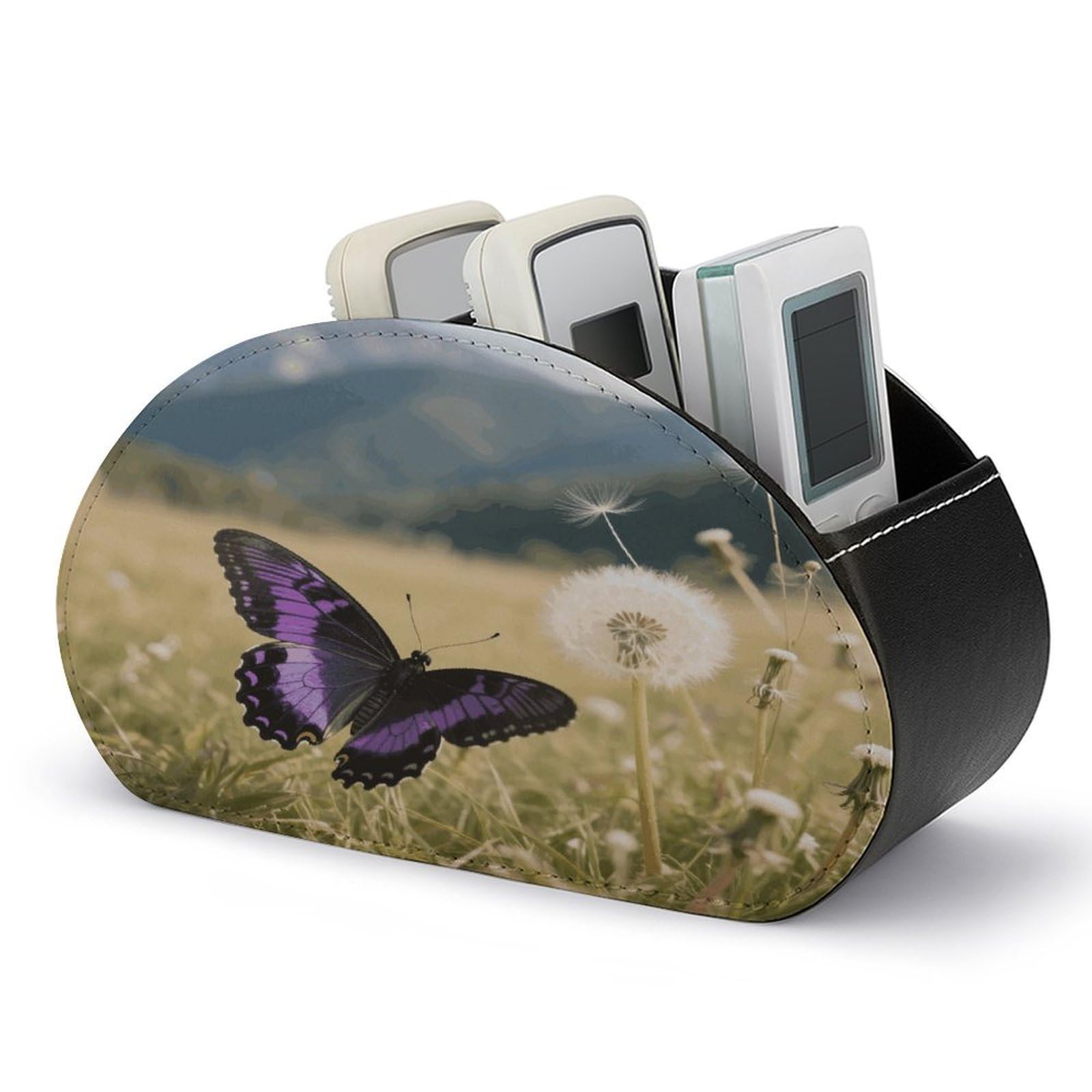 VstaDank - Butterfly Remote Control Holder PU Leather Multifunctional Office Organizer Makeup Brush Holder Computer with 5 Compartments Player Box