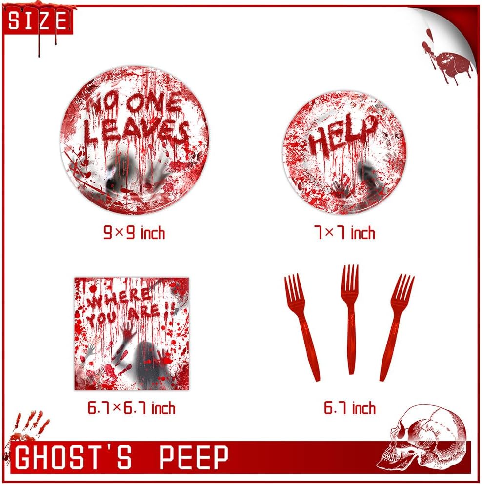 Halloween Horror Bloody Party Decorations for 24 Guests, 96 Pcs Scary Plates, Napkins, Forks Sets for Halloween Birthday Parties