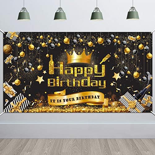 HOWAF Extra Large Happy Birthday Banner for Birthday Party Decorations Black and Gold Birthday Photo Booth Backdrop Background, Fabric Birthday Sign Poster Banner for Birthday Party, 5.9 * 3.28 Feet