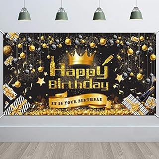HOWAF Extra Large Happy Birthday Banner for Birthday Party Decorations Black and Gold Birthday Photo Booth Backdrop Background, Fabric Birthday Sign Poster Banner for Birthday Party, 5.9 * 3.28 Feet