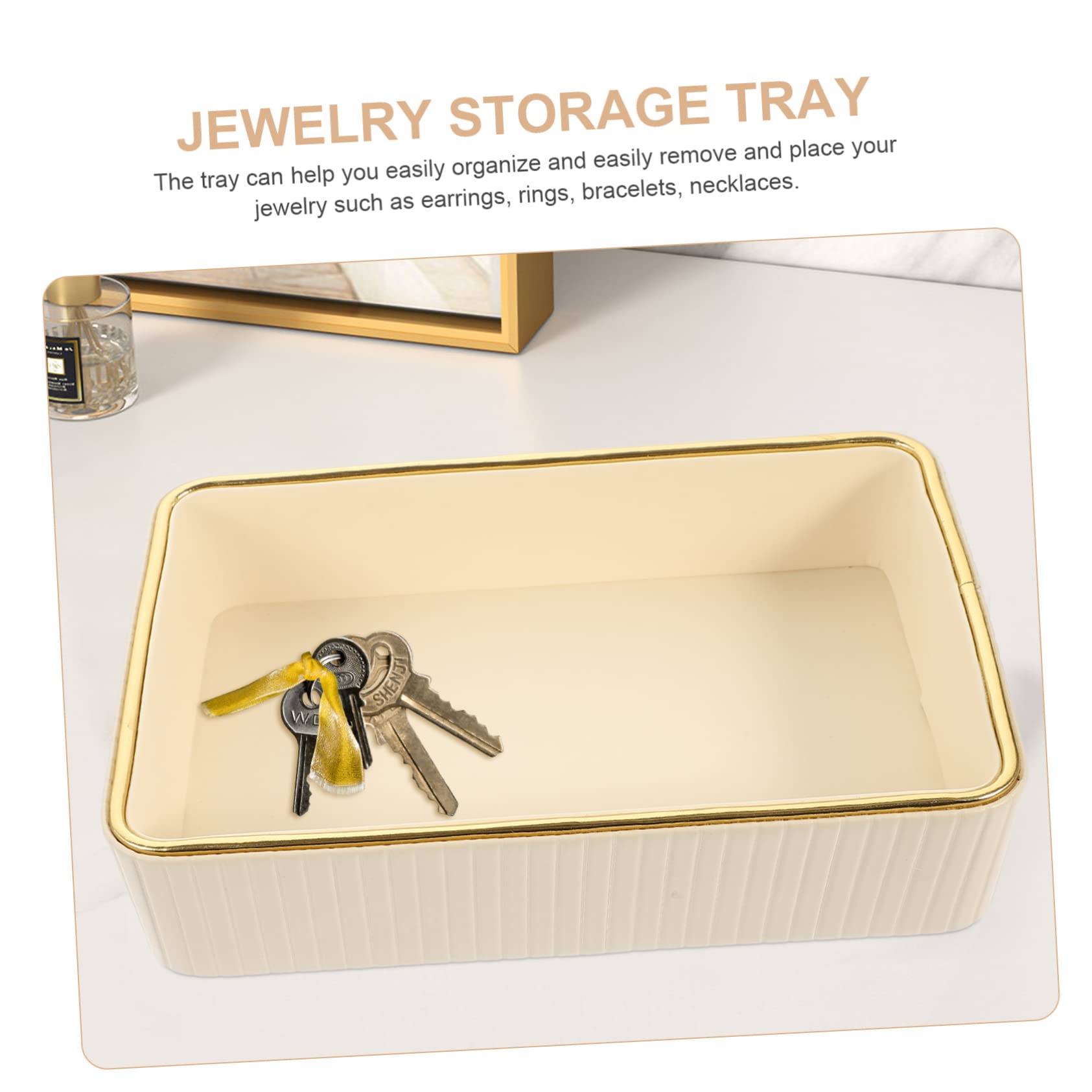 Bandeja Rectangular para Llaves y Joyas, Organizador de Cuero y Tablero de Densidad, Blanco, Adecuado para Tocador y Entrada, Fácil de Limpiar