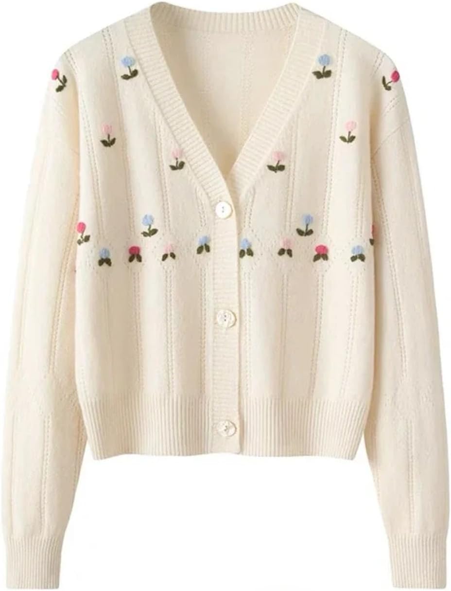 Women Flower Embroidered Knit Cardigan Vintage V-Neck Buttons Long