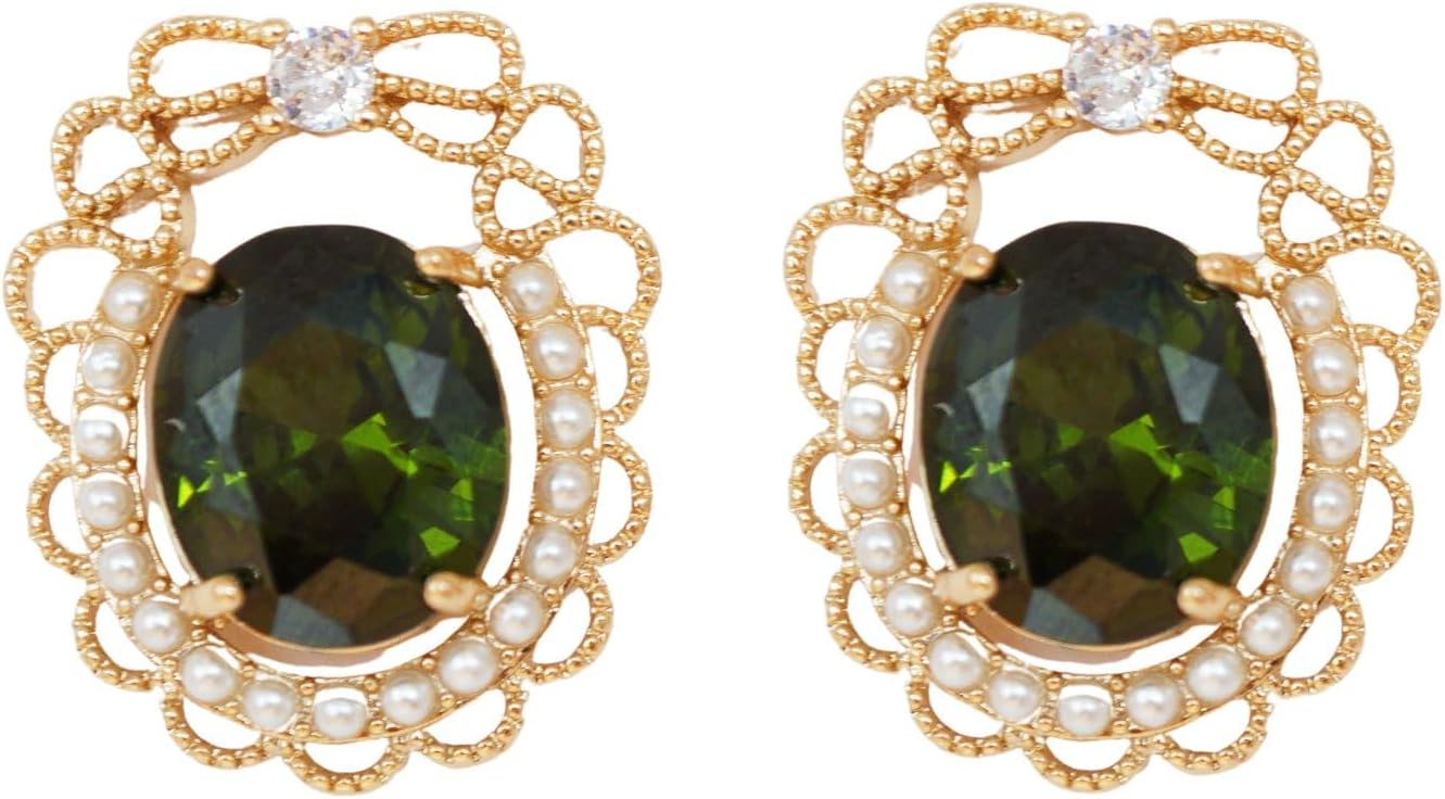 Vintage-Inspired Gold-Plated Olive Green Zircon Earrings with Pearl Accents and Lace Bow Design