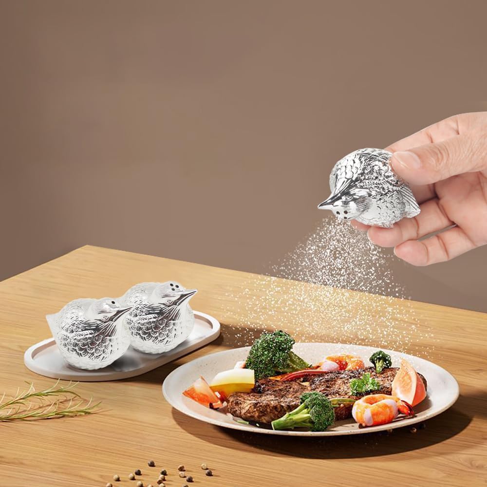 YAER Birds Salt and Pepper Seasoning Jar Set, 1.85-inch height salt and pepper seasoning jar,2-Piece suitable for kitchen small tools, cooking tables, RVs, camping, barbecue design (silver)