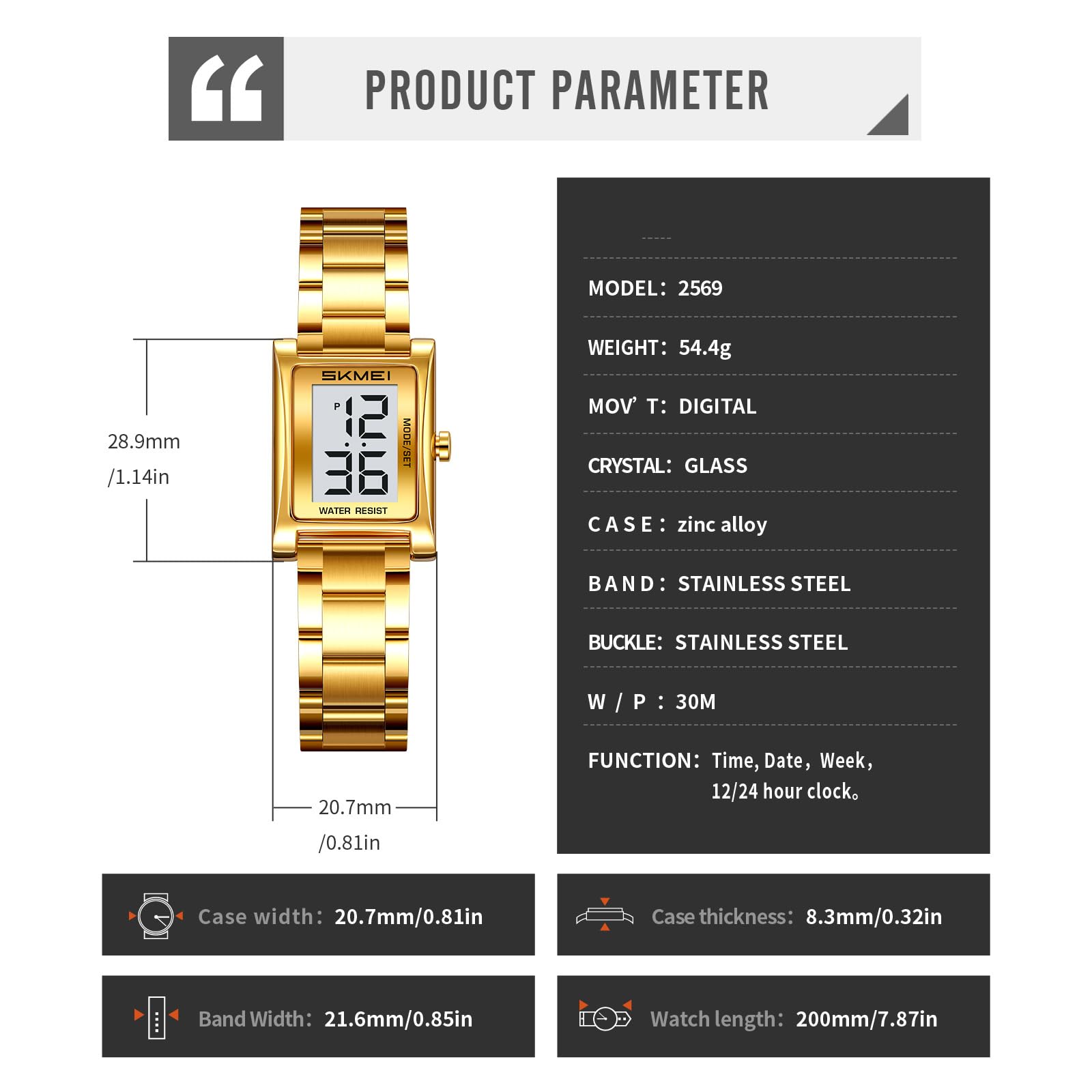 Gosasa Reloj digital rectangular para mujer, correa de acero inoxidable, gran número, impermeable, pulsera dorada, casual, visualización de 12/24 horas, fecha y día