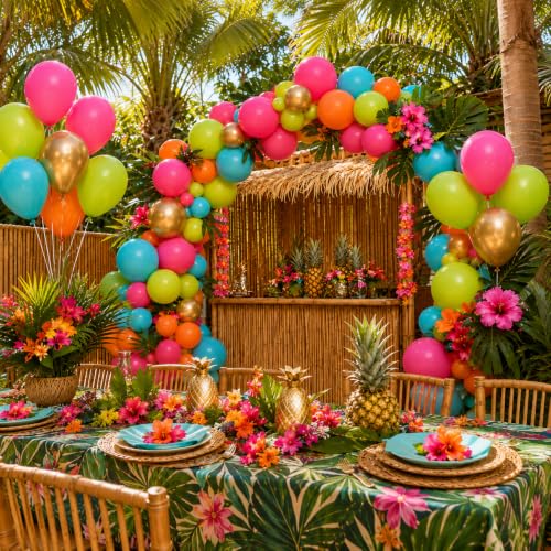 Image of HILAVO Tropical Balloons Kit, 60 PCS 12Inch Hawaiian Balloons Hot Pink Orange Teal Green and Gold Colorful Rainbow Balloon for Summer Tropical Aloha Luau Pool Beach Birthday Baby Shower Party Decor
