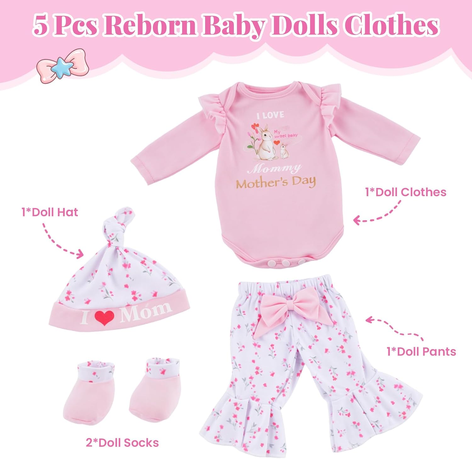 BABESIDE 5 Pcs Reborn Baby Doll Clothes for 17–22 Inch Reborn Babys Dolls, Floral Bunny Design Outfit with Romper, Pants, Hat & Socks, Reborn Baby Doll Accessories Play