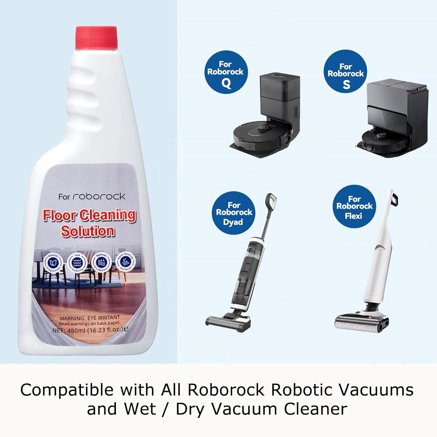 Detergente concentrato per pavimenti 2 x 480 ml, pH neutro per robot lavapavimenti e robot aspirapolvere, compatibile con Roborock, senza striature e senza schiuma, diluibile in 1:300