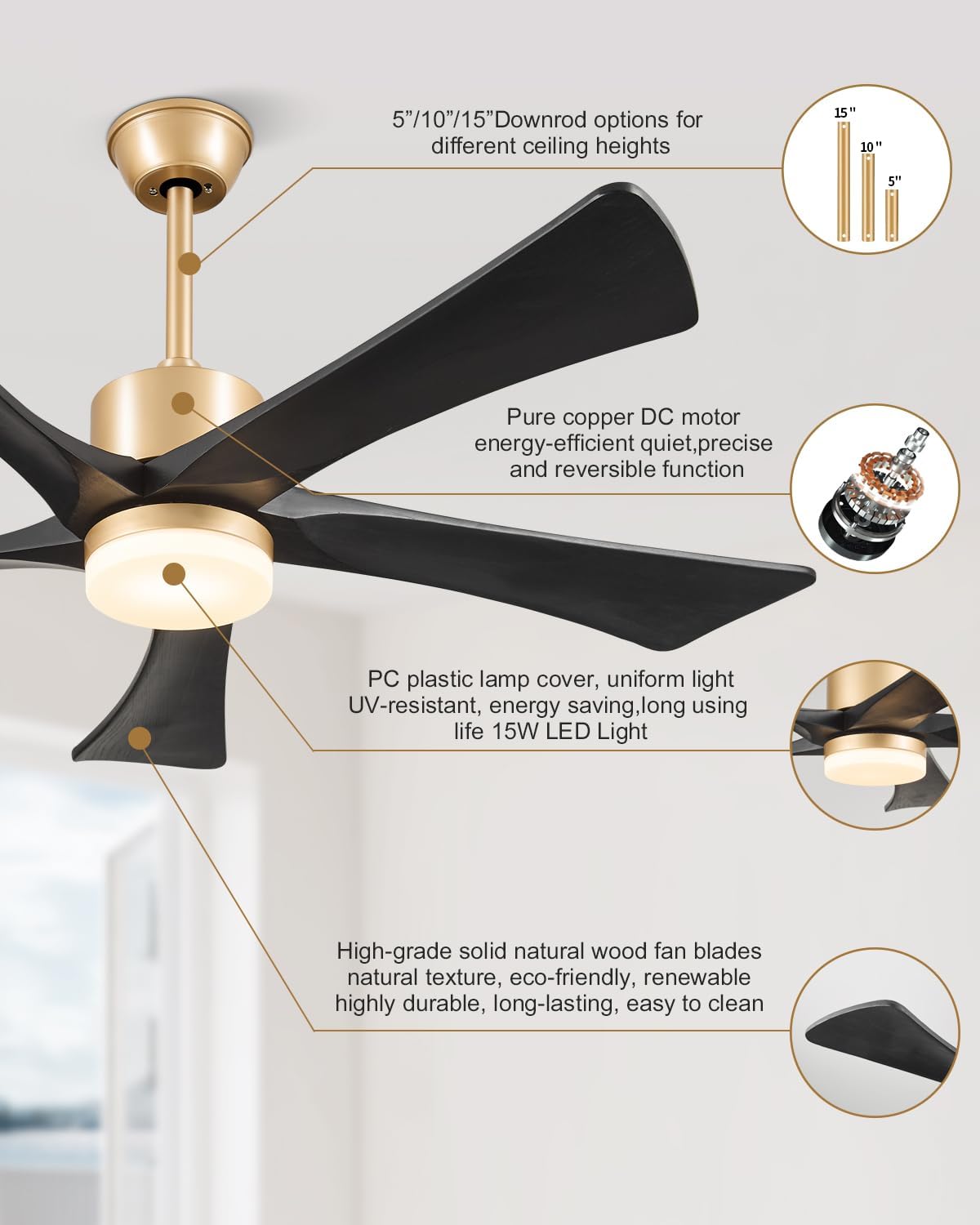 52" Black and Gold Ceiling Fan with Lights and Remote, Outdoor Ceiling Fan for Patios, USA Original Patent, ETL Listed, 3 Downrods, 5 Blade, 6 Speeds Reversible DC Motor, Gold Black Fans for Indoor - Image 5