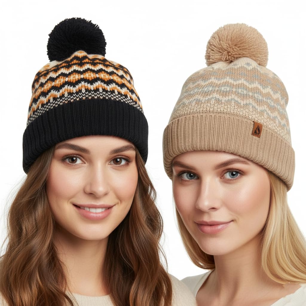 A2z Women's 2 Pack Nordic Bobble Beanie Hats Sherpa Lined Faux Fur Pom Pom Soft Stretchy Winter Warm Cozy Caps