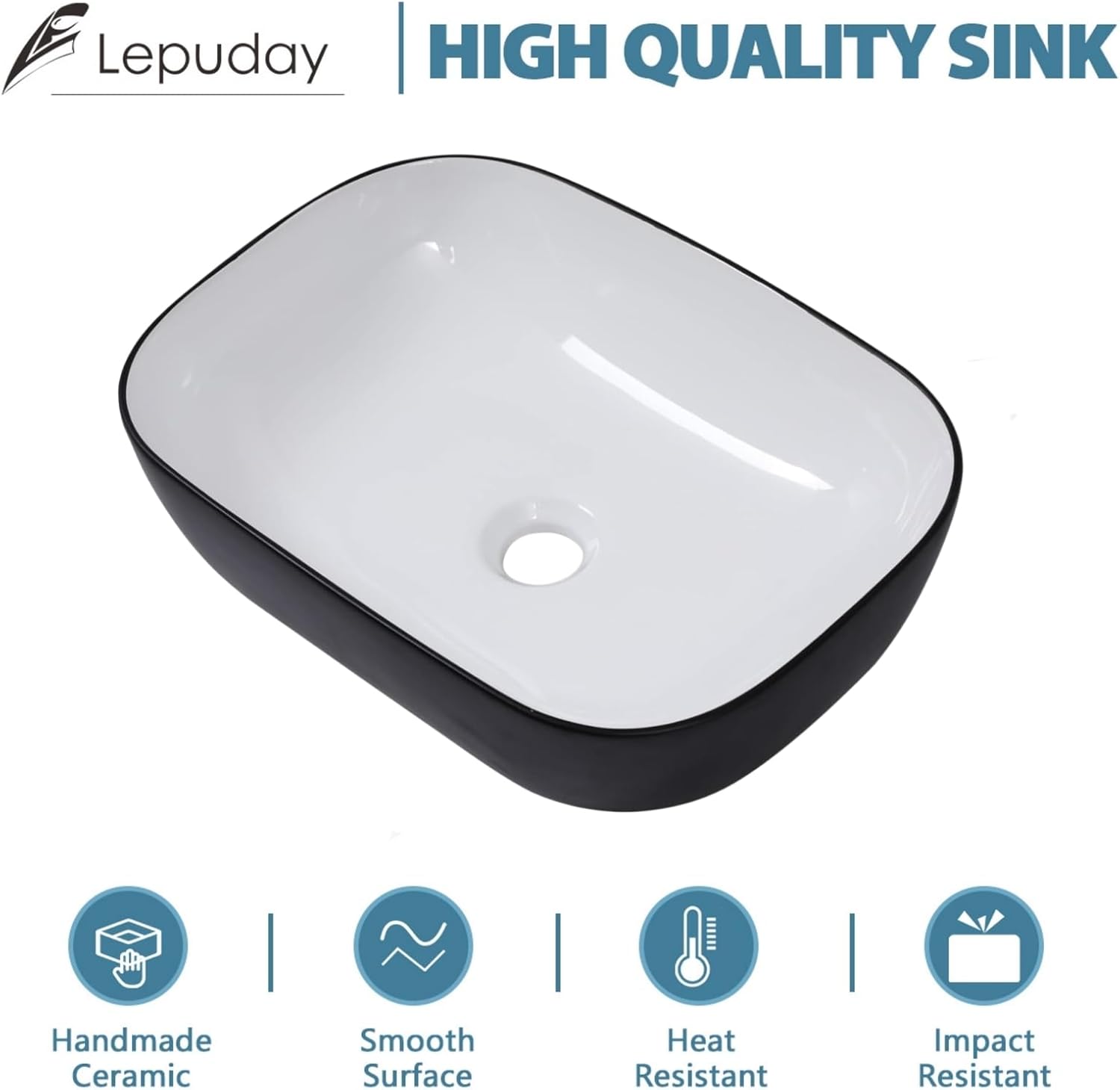 Rectangle Bathroom Vessel Sink- Lepuday 17"x13" Rectangular Bathroom Above Counter Vessel Sink Black and White Ceramic Porcelain Vanity Sink Art Basin
