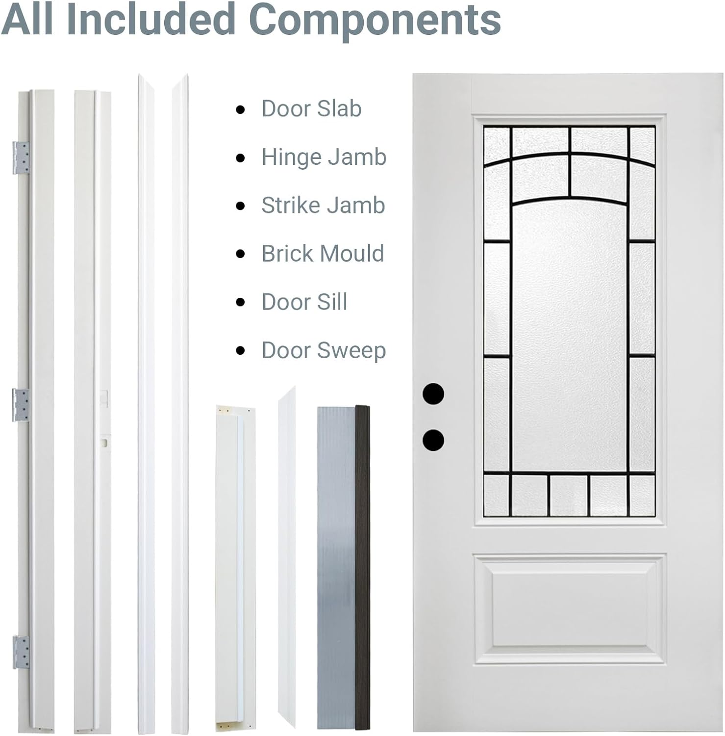 Rovibek Fiberglass Front Door, 36x80 Inch Exterior Door Right Hand Inswing, Knock-Down Entry Doors with Vinyl Frame, Brick Mould, Frosted Glass, Hinges, White Primed DIY Color Exterior Doors