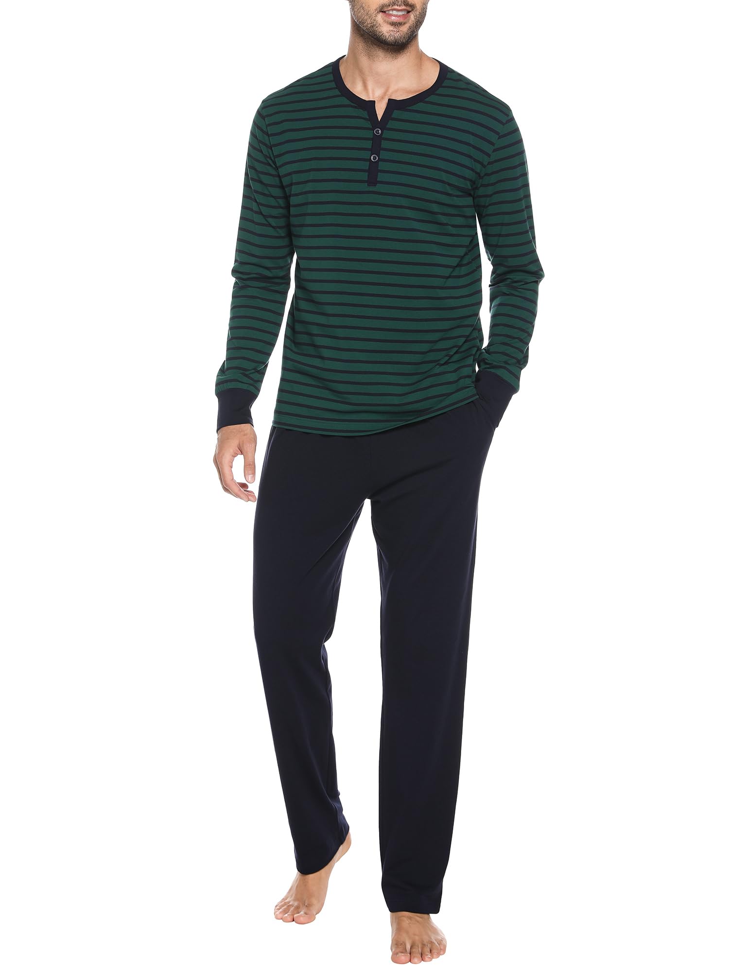 Winovia Herren Schlafanzug Langarm | Baumwolle Pyjama Set mit Knopfleiste & Streifen | Bequeme Nachtwäsche Loungewear für Männer