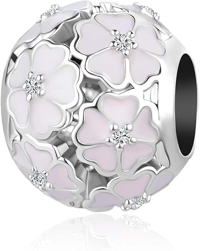 Luluadorn Dije de flor rosa y blanca para pulseras Pandora, collares, colgantes, regalo para mujeres, nieta, familia, Navidad, cumpleaños, joyería