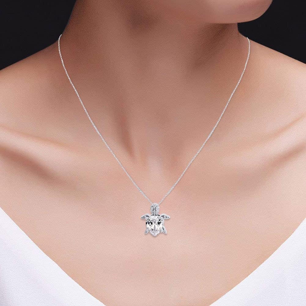 Turtle Pendant Necklace for Women, Pear & Round Cut Simulated Birthstone and White Cubic Zirconia in 14K Gold Over Sterling Silver, 18" Rope Chain Sea Life Jewelry Gift