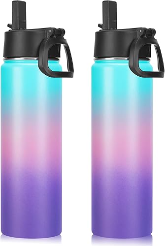 Miniatura 31 de Neihepal Botella de agua aislada de 22 onzas con tapa con popote, botellas de agua de acero inoxidable al vacío de doble pared a prueba de fugas,