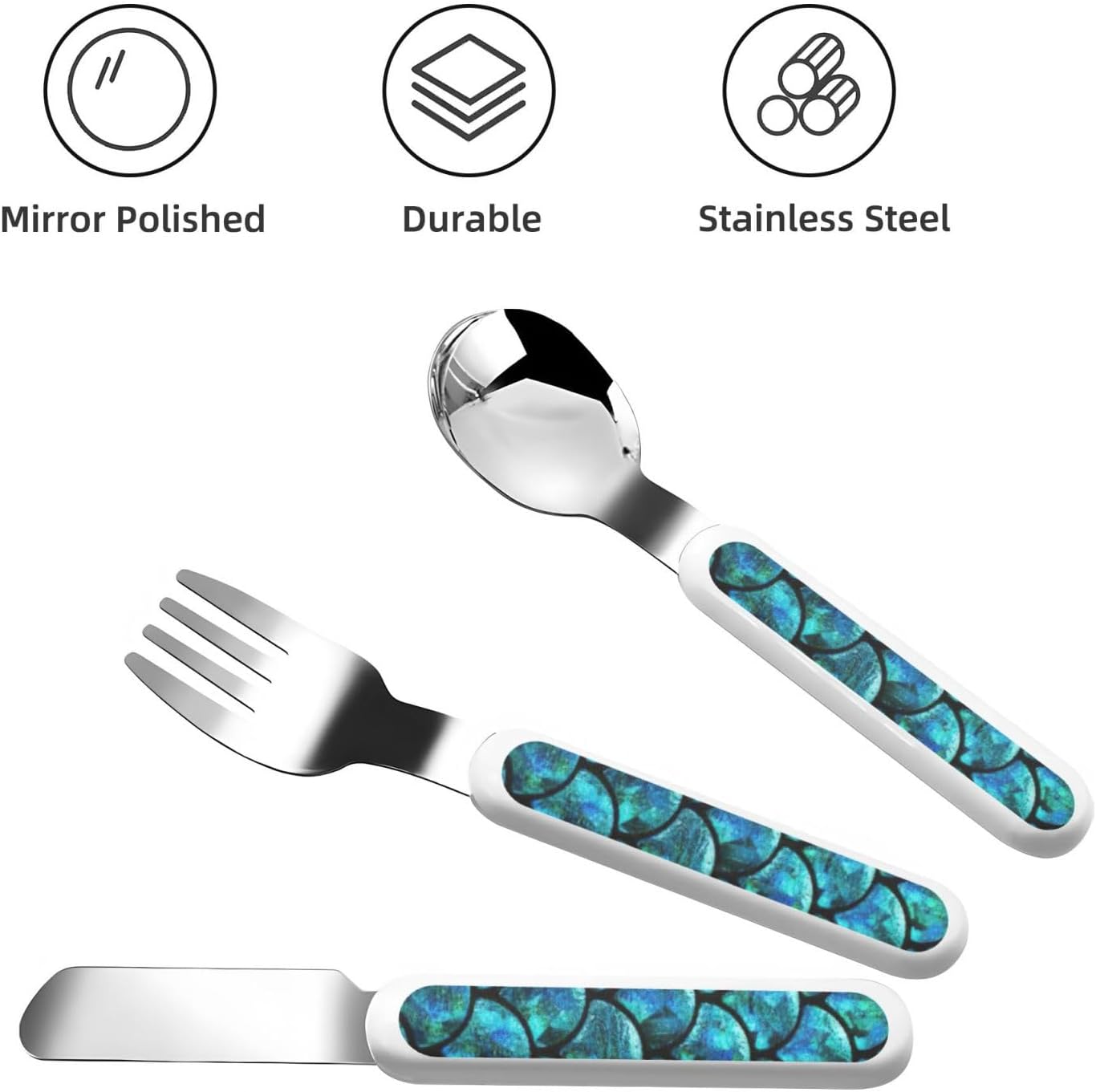 Fish Scale Print Stainless Knife Spoon Fork 3-Piece Set,Flatware Cutlery Set With Storage Case
