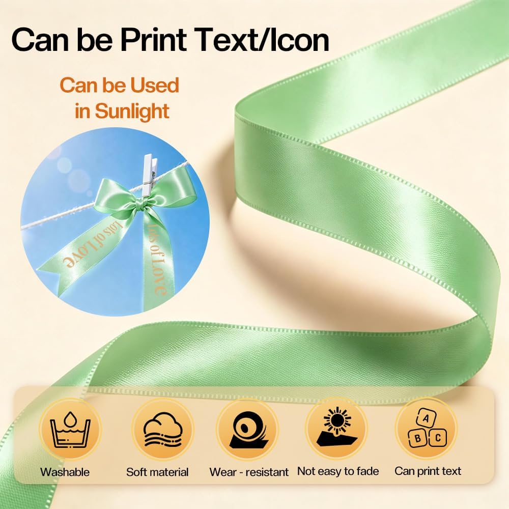 Phomemo A30 P15 Exclusive Embellish Gold Print on Light Green Satin Ribbon, Fabric Ribbons for Gift Wrapping, Wedding Bouquets, DIY Crafts, Holiday Gift, Party Decor, 12mm x 5m, 2 Packs