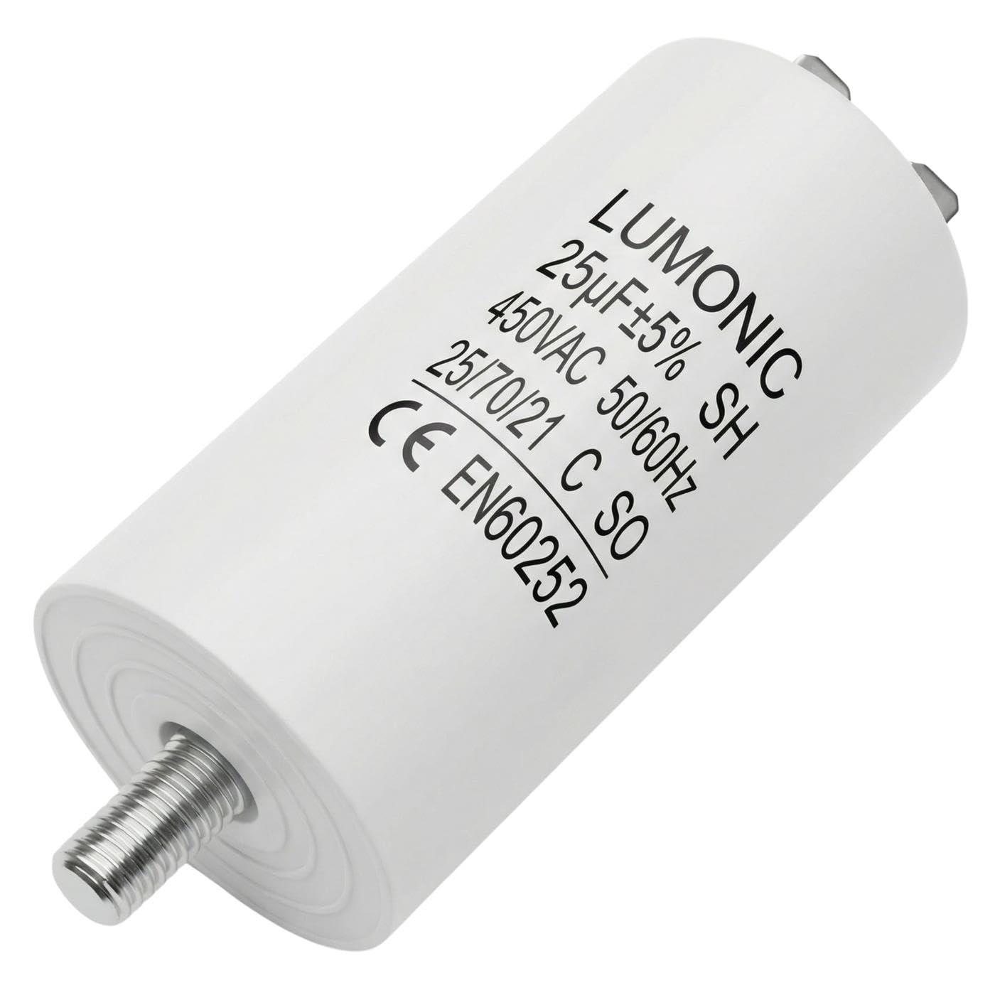 Lumonic Condensatore di avviamento 25µF 450V | con Spina I 38x75mm I 25uF I Condensatore motore con custodia in plastica I Condensatore di esercizio I per pompe, tosaerba, utensili