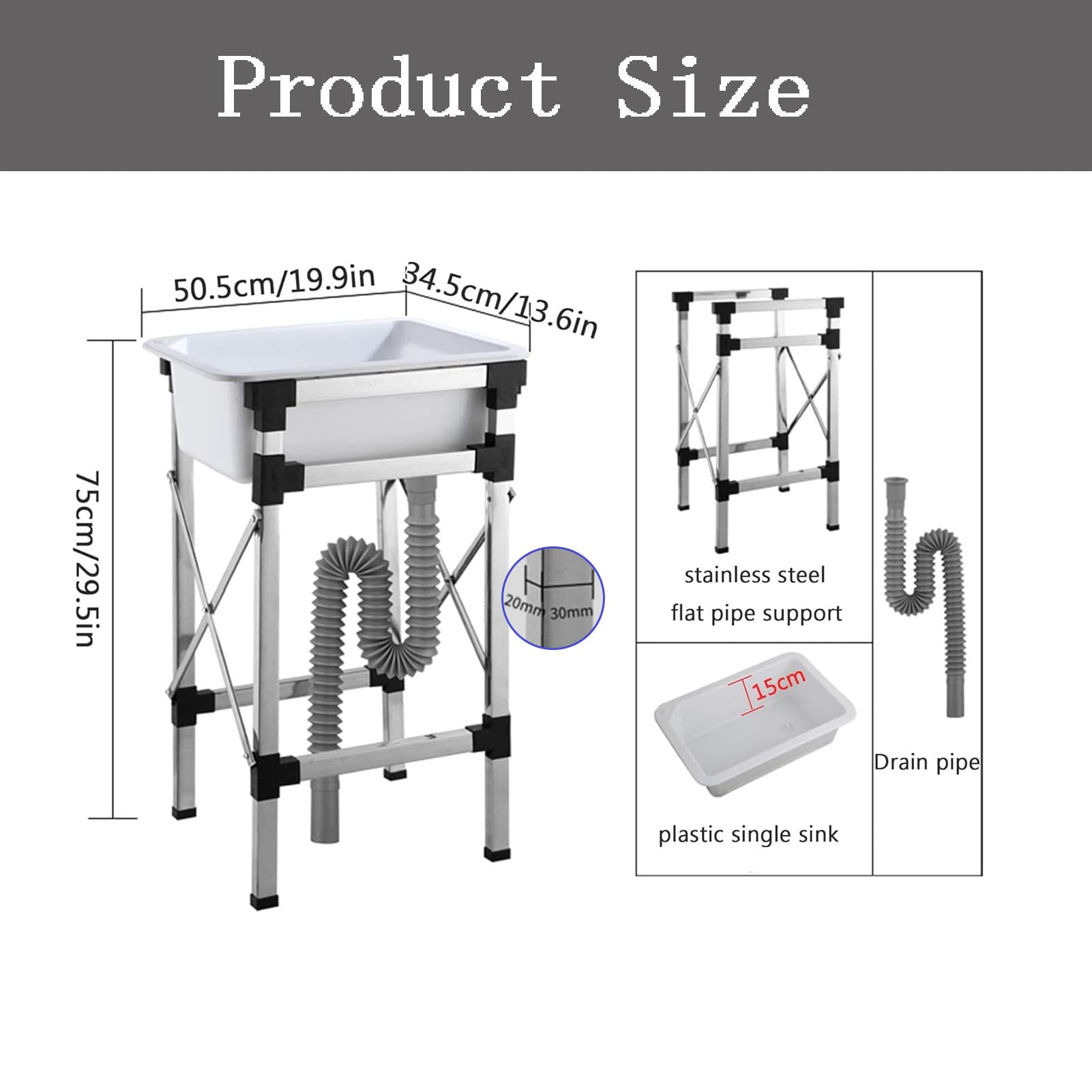 Fregadero de Exterior con Soporte Plegable de Acero Inoxidable, Fregadero Individual de plástico Blanco Independiente para Camping y jardín (50,5 x 34,5 x 75 cm)