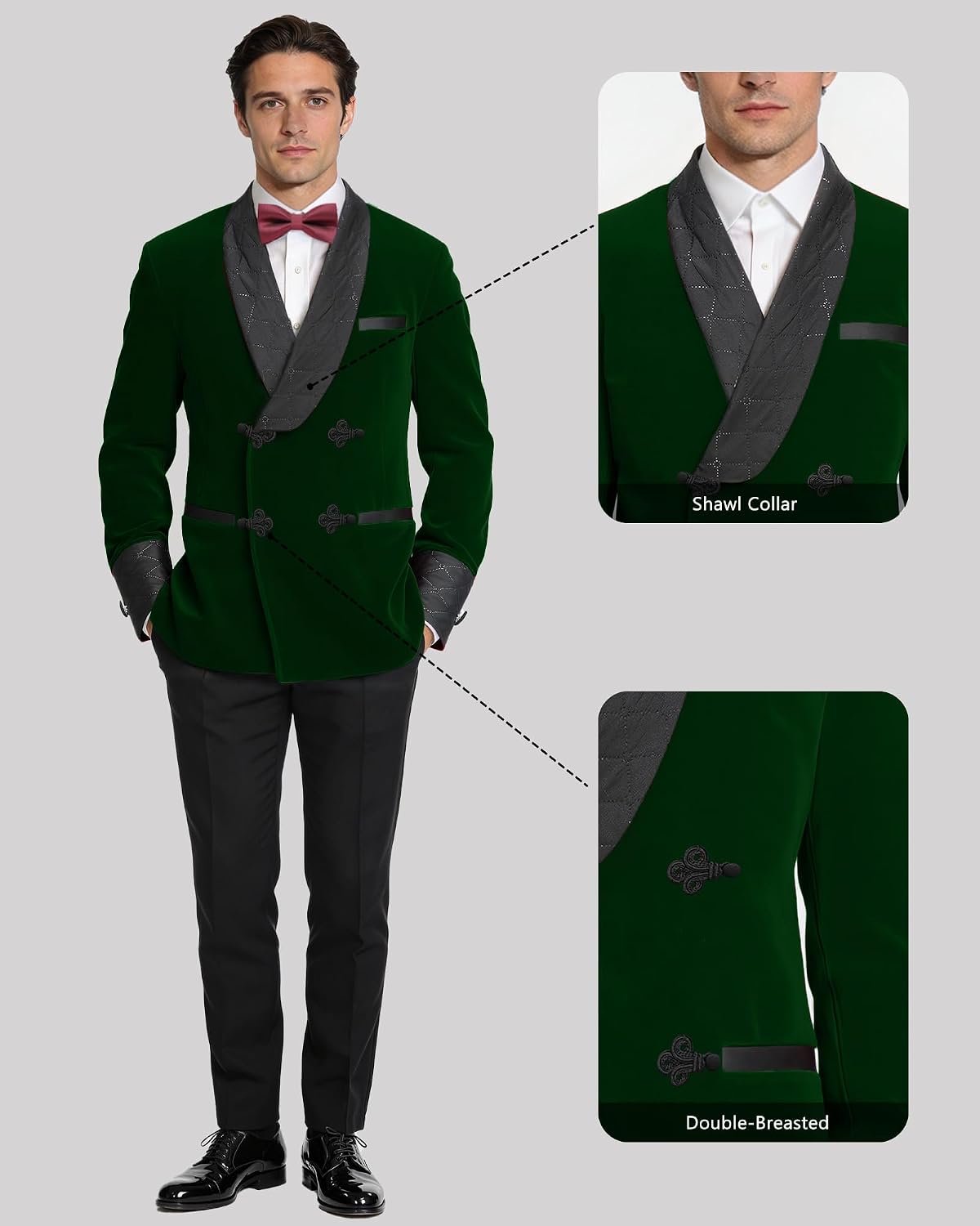 Men's Short Velvet Smoking Jacket Double Breasted Blazer with Quilted Shawl Collar for Wedding Party Dating
