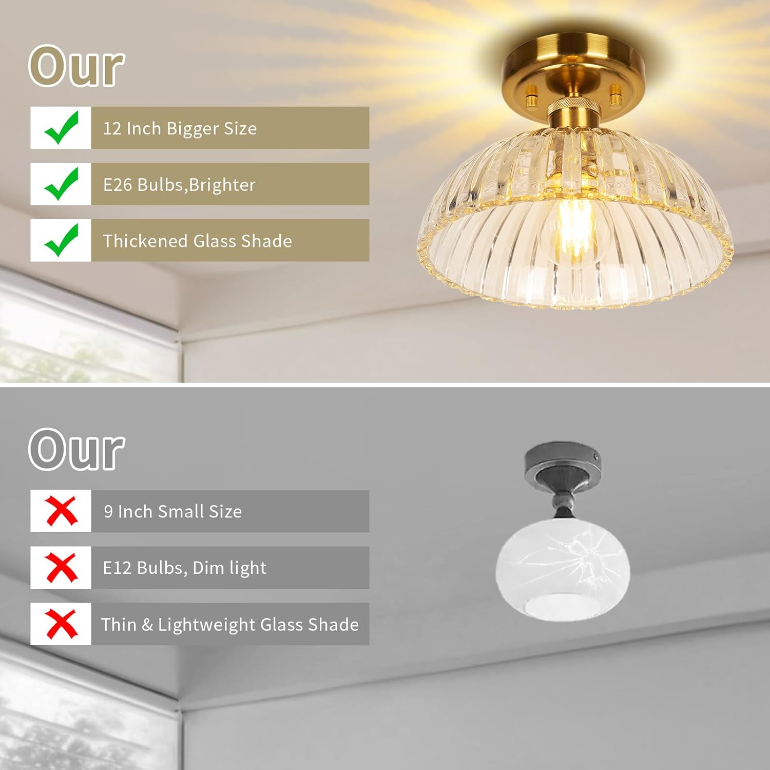 JYZ Modern Chandelier Ceiling Light Fixture, Farmhouse Metal Semi Flush Mount Ceiling Light with Petal Glass Shades,Chandelier E26 Base for Kitchen Island, Entryway, Indoor Gold