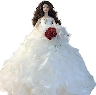 Luxury Miniature Doll Wedding Dress, White Feather Ball Gown with Red Rose Bouquet, Bridal Fashion Collectible (Feather Fantasy)