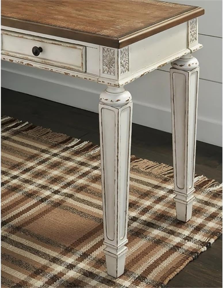 BOWERY HILL Traditional Computer Desk, 60 in Wide, Engineered Wood with Veneers, Chipped White and Brown Finish, USB Ports, AC Power Supply, Smooth-Gliding Drawers, Home Office Workspace