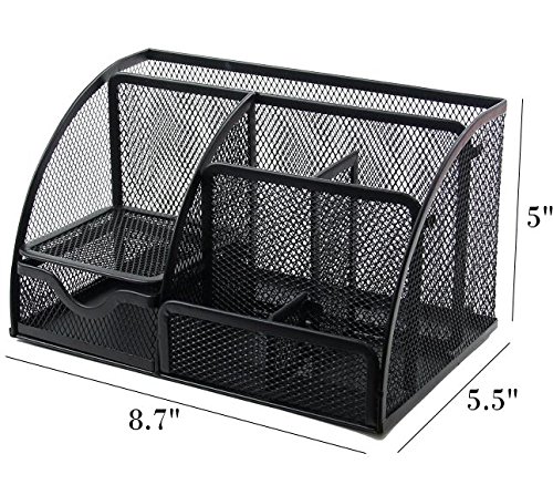 Mesh Desk Organizer 6 Slots With 2 Pen Holders And Pull Out Drawer, Mini Shelf To Keep Your Sticky Notes Or Small Pad, Perfect Size Caddy For All Your Supplies. By Mega Stationers #TOP1