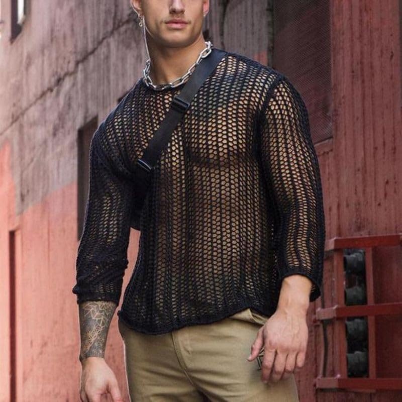 Evankin Men's T-Shirt Hollow Out Mesh Long Sleeve Tops See Through Underwear Knitted Sweater Loose Undershirt T-Shirt - Image 2