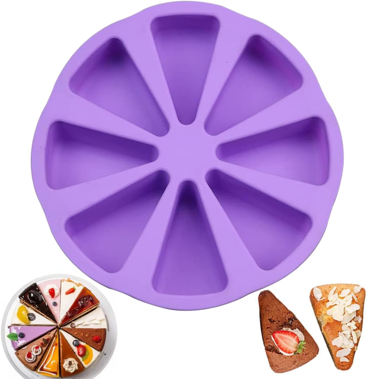 Silicone Moulds 8 Cavity Triangle Cake Mold Non-Stick Baking Pizza Moulds Scones Pan Cake Slice Tin for Kitchen Bread Muffin Chocolate Brownie Soap DIY Baking Tool (Purple)