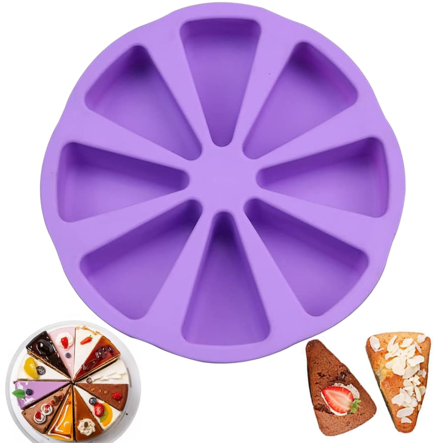 Silicone Moulds 8 Cavity Triangle Cake Mold Non-Stick Baking Pizza Moulds Scones Pan Cake Slice Tin for Kitchen Bread Muffin Chocolate Brownie Soap DIY Baking Tool (Purple)