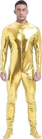 Vxuxlje Mens Metalic Shiny One Piece Unitard Bodysuit Long Sleeve Zipper Front Zentai Jumpsuits
