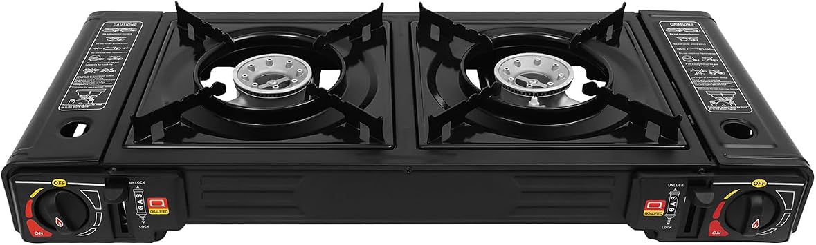 2 Burner Portable Butane Camping Stove, Dual Fuel Stove with Adjustable Burners, Automatic ignition Camping Stove with Butane & Propane Compatibility for Camping Home Backyard Cooking