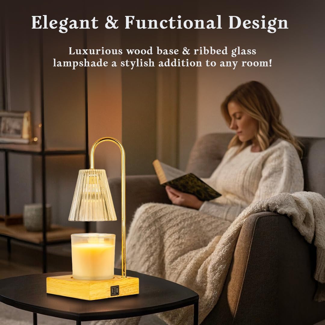 Candle Warmer Lamp with 24H Timer, Dimmable, Electric Wax Warmer with 2 Bulbs, Dual Charging Port, Home Decor for Jar Candles, House Warming, Gifts, Home Decor (Vintage Glass)
