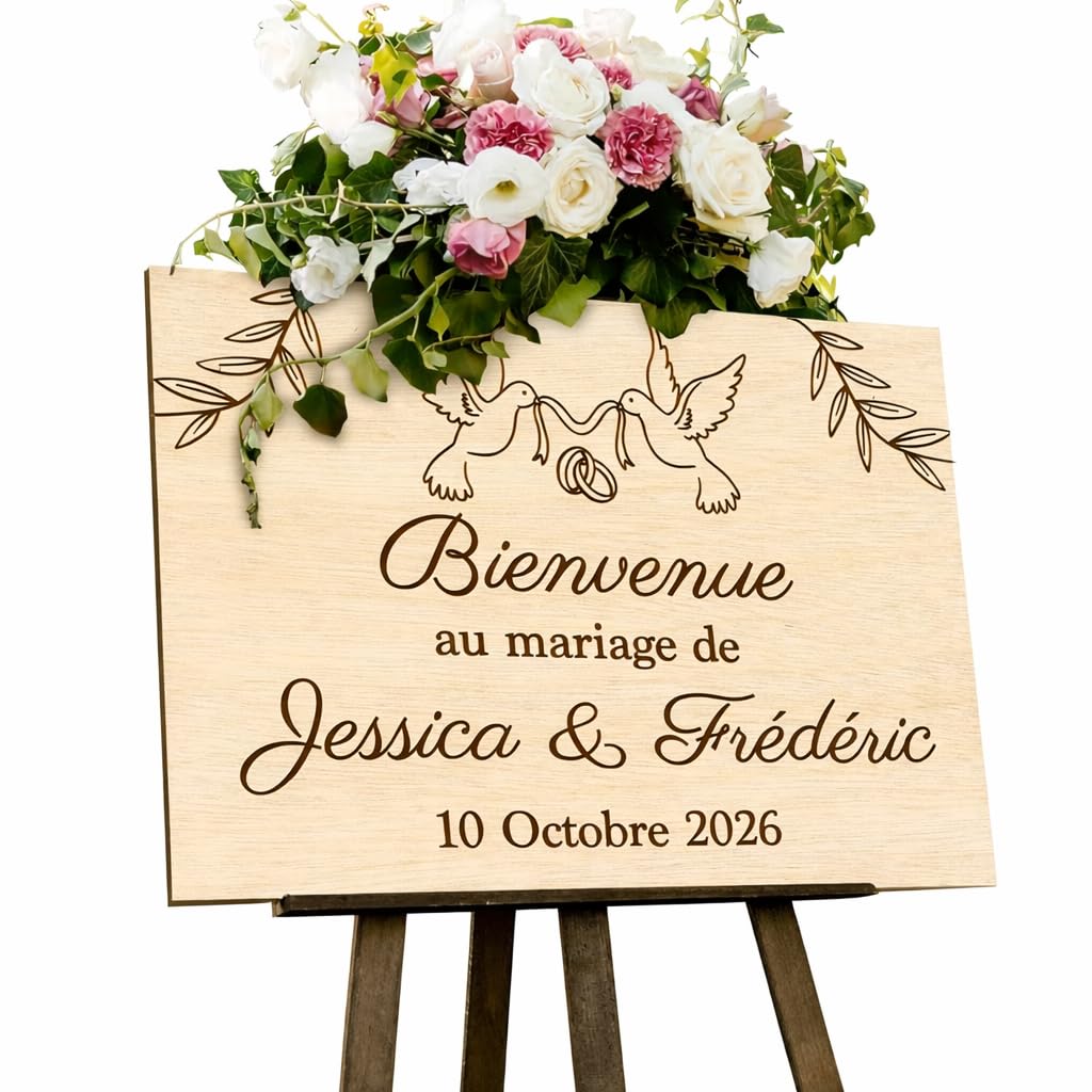 Panneau de mariage personnalisé en bois, prénoms mariés, colombes et alliances, accueil cérémonie, mariage champêtre, fête, 30x40cm, horizontal