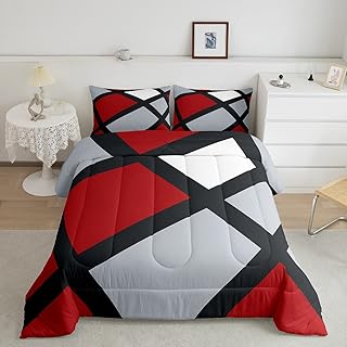 Castle Fairy Red Grey Black Plaid Comforter Set Twin Size,3D Abstract Geometric Duvet Insert for Kids Boys Bedroom Decor,Black Stripes Lines Quilted Duvet with 1 Pillowcase,Soft Polyester Quilt Cover