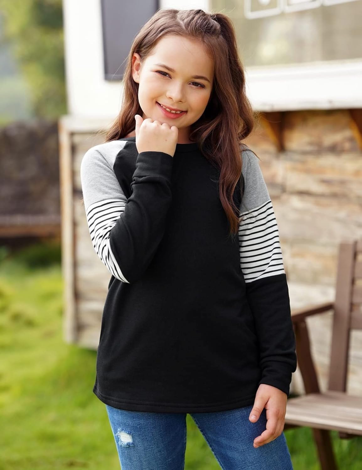 SELINK Girl's Casual Big Kids Long Sleeve Striped Color Block Casual Tees with Pockets: Clothing, Shoes & Jewelry